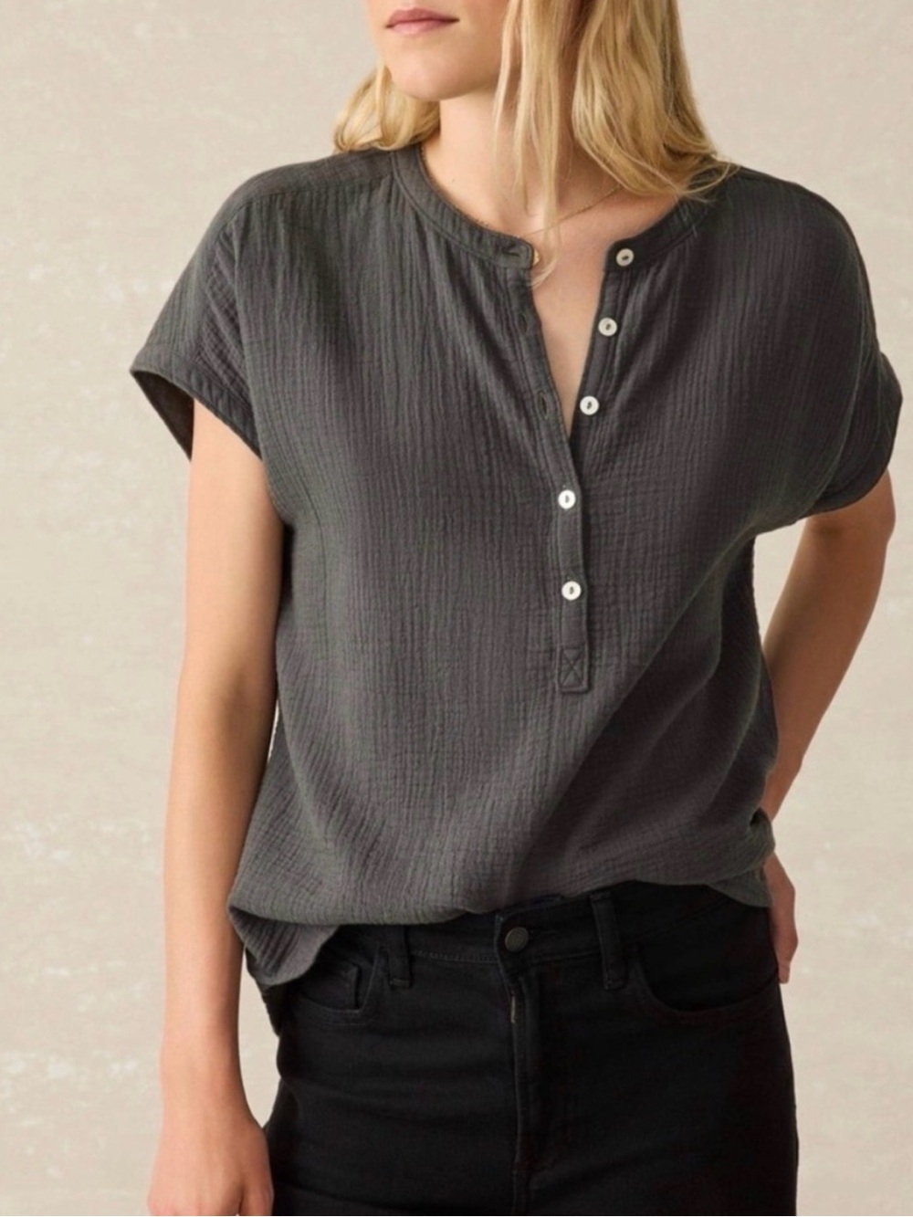 Faherty Dream Cotton Gauze Desmond Blouse Charcoal Grey Size Small